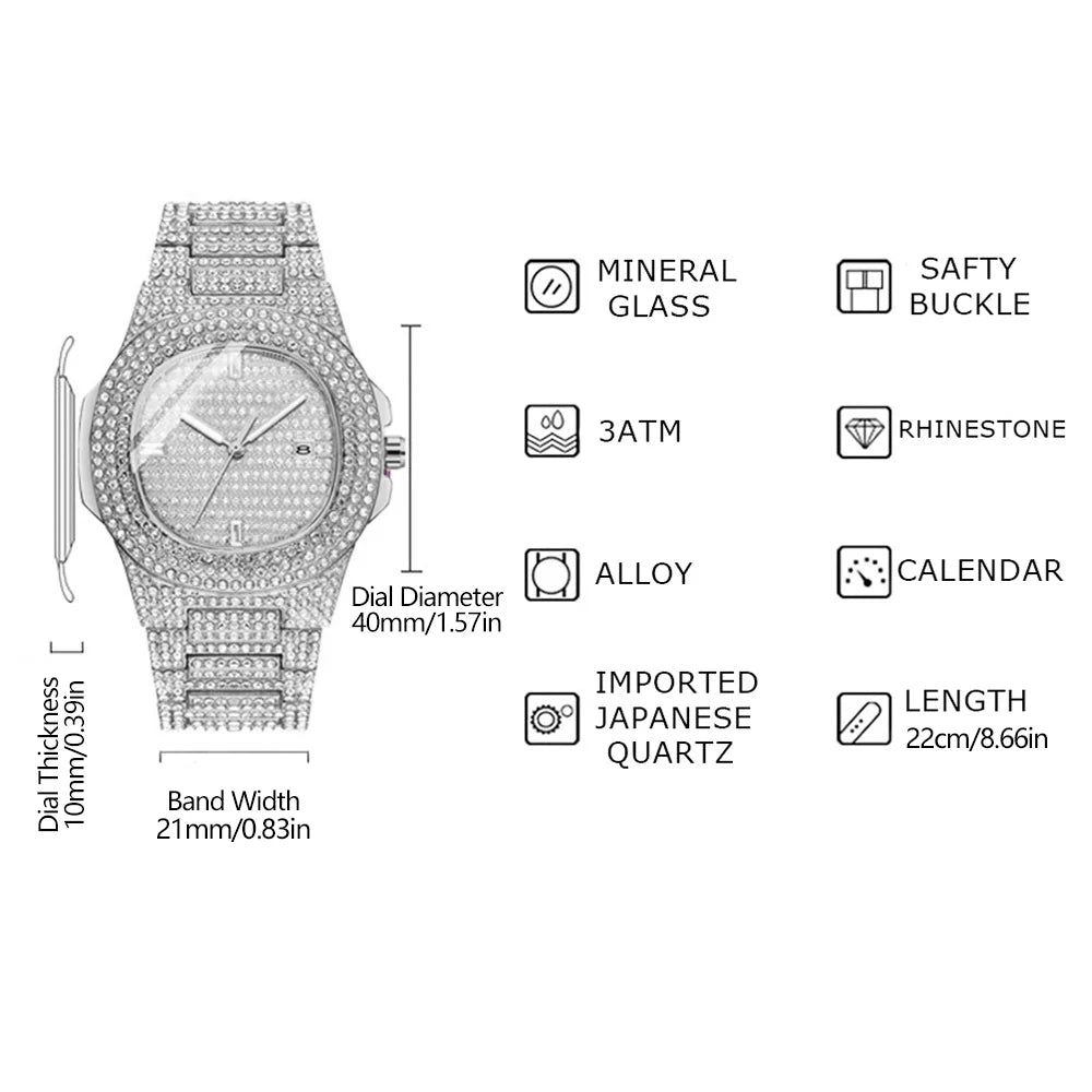 Luxury Diamond - Encrusted Hip Hop Watch Exquisite Fashion Design for Men And Women Casual Party Business Gift - VibraStore