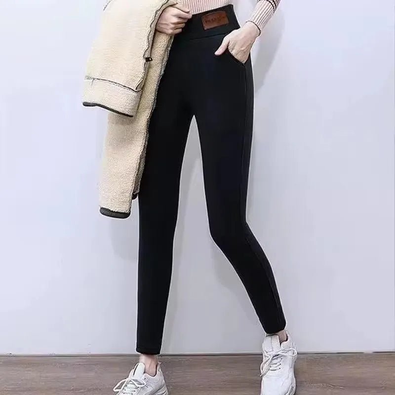 Mallas térmicas para mujer, pantalones cálidos sencillos de cintura alta para invierno, mallas cómodas de terciopelo de otoño con elasticidad negra a la moda - VibraStore