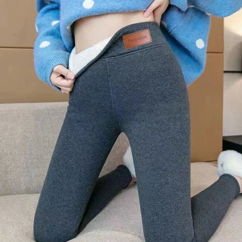 Mallas térmicas para mujer, pantalones cálidos sencillos de cintura alta para invierno, mallas cómodas de terciopelo de otoño con elasticidad negra a la moda - VibraStore