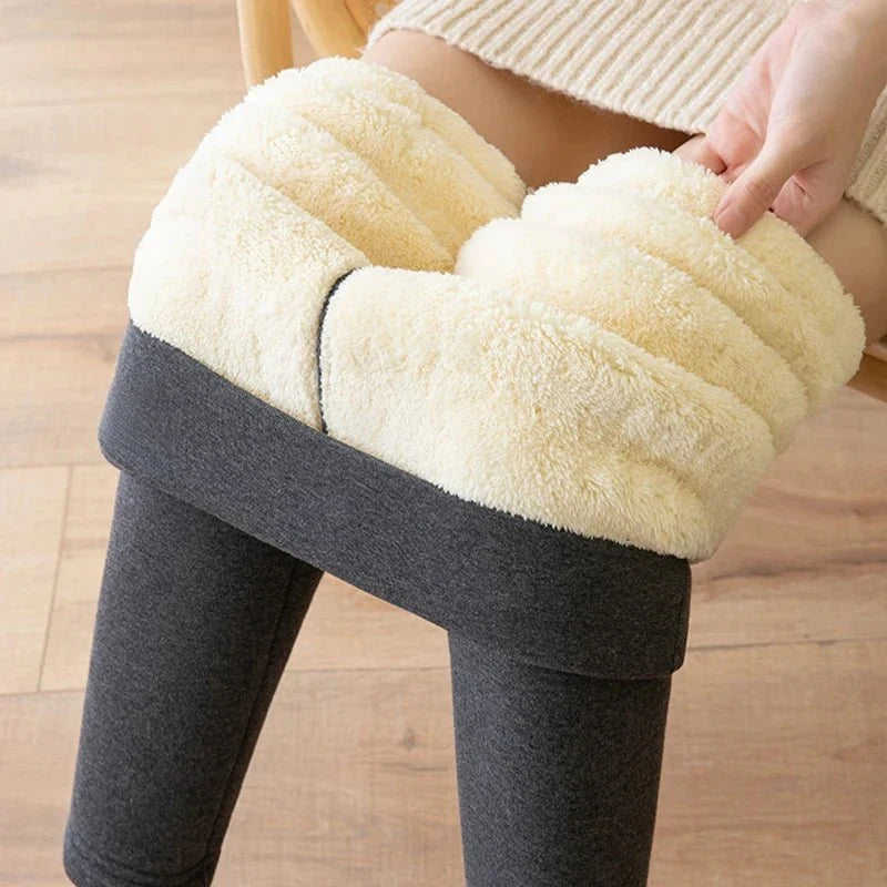 Mallas térmicas para mujer, pantalones cálidos sencillos de cintura alta para invierno, mallas cómodas de terciopelo de otoño con elasticidad negra a la moda - VibraStore