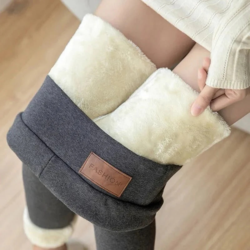Mallas térmicas para mujer, pantalones cálidos sencillos de cintura alta para invierno, mallas cómodas de terciopelo de otoño con elasticidad negra a la moda - VibraStore