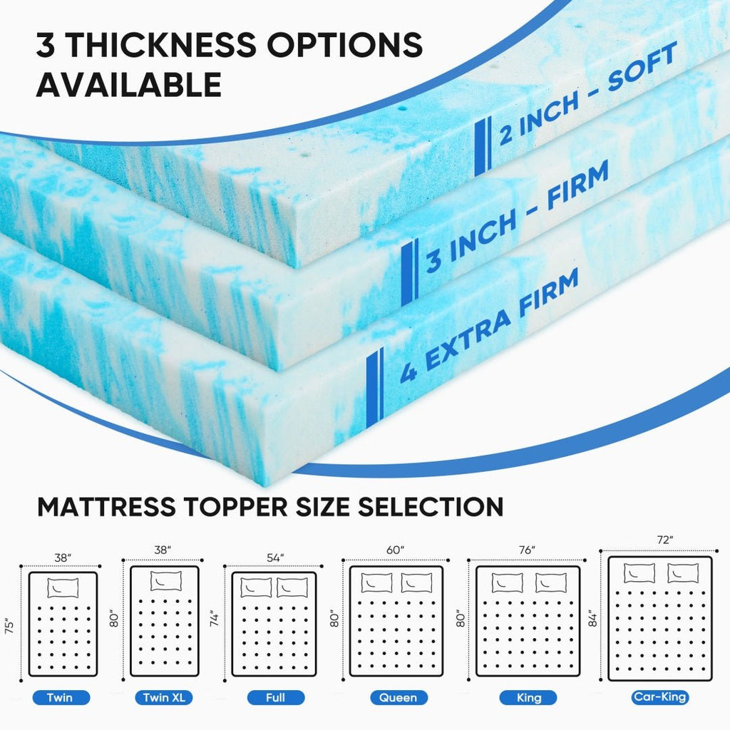 Memory Foam Mattress Topper With Cooling Gel, Pressure Relief & Breathable Comfort Bed Topper - VibraStore