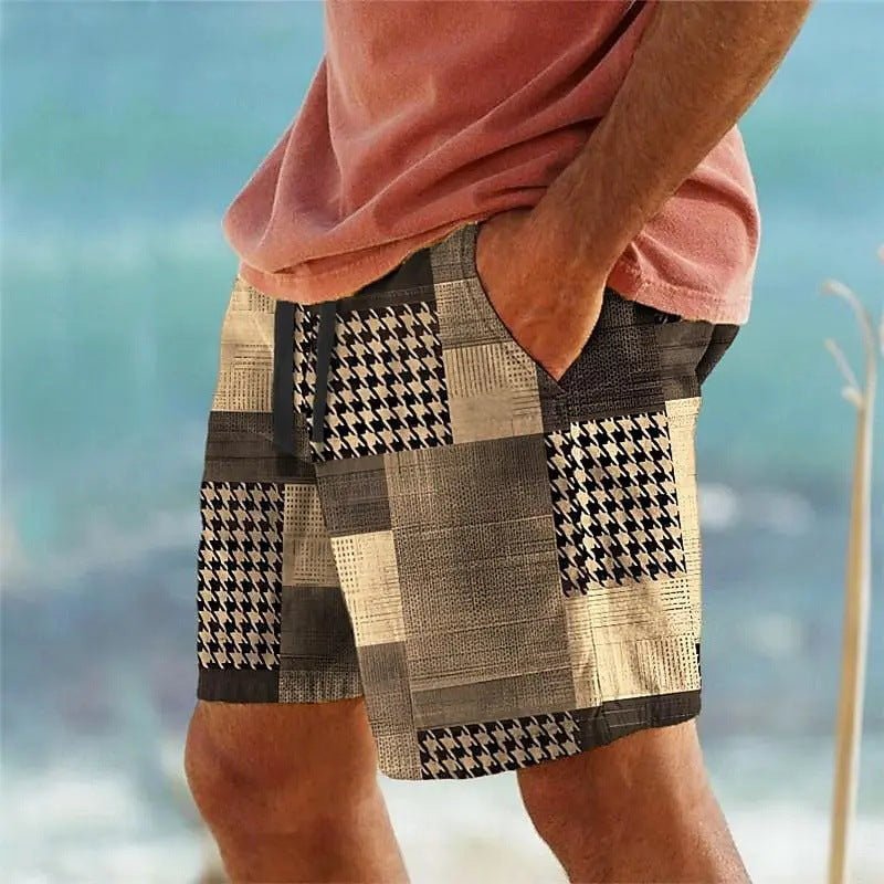 Men's Hawaiian 3D Plaid Print Beach Shorts - VibraStore