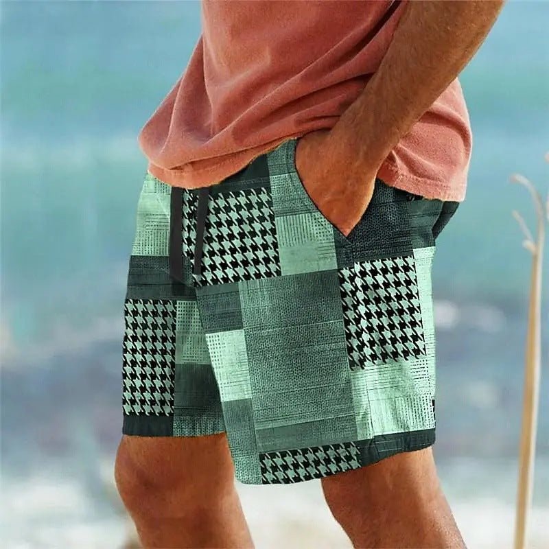 Men's Hawaiian 3D Plaid Print Beach Shorts - VibraStore