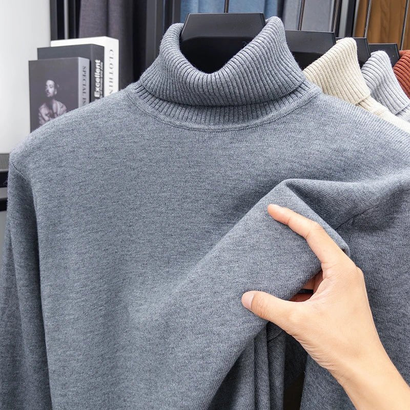 Men's Slim Fit Turtleneck Sweater Long Sleeve Solid Color Knitted Pullover High Quality Trendy Streetwear for Autumn - VibraStore