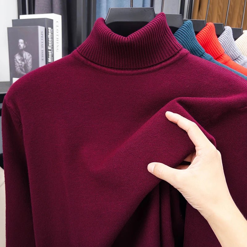 Men's Slim Fit Turtleneck Sweater Long Sleeve Solid Color Knitted Pullover High Quality Trendy Streetwear for Autumn - VibraStore