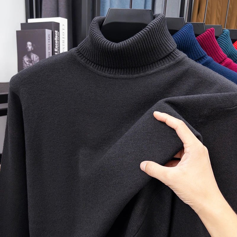 Men's Slim Fit Turtleneck Sweater Long Sleeve Solid Color Knitted Pullover High Quality Trendy Streetwear for Autumn - VibraStore