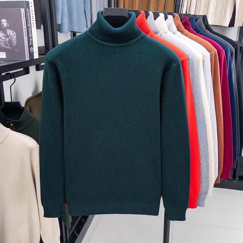 Men's Slim Fit Turtleneck Sweater Long Sleeve Solid Color Knitted Pullover High Quality Trendy Streetwear for Autumn - VibraStore