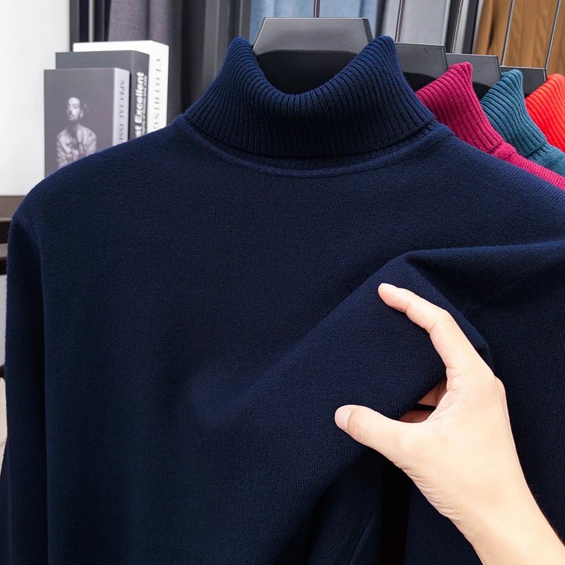 Men's Slim Fit Turtleneck Sweater Long Sleeve Solid Color Knitted Pullover High Quality Trendy Streetwear for Autumn - VibraStore