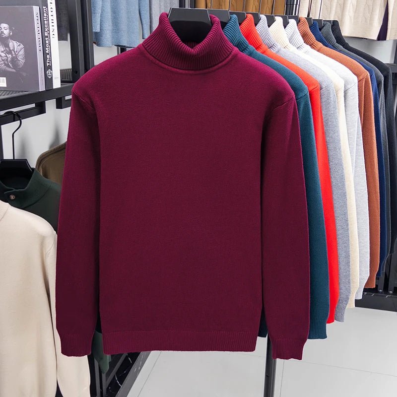 Men's Slim Fit Turtleneck Sweater Long Sleeve Solid Color Knitted Pullover High Quality Trendy Streetwear for Autumn - VibraStore