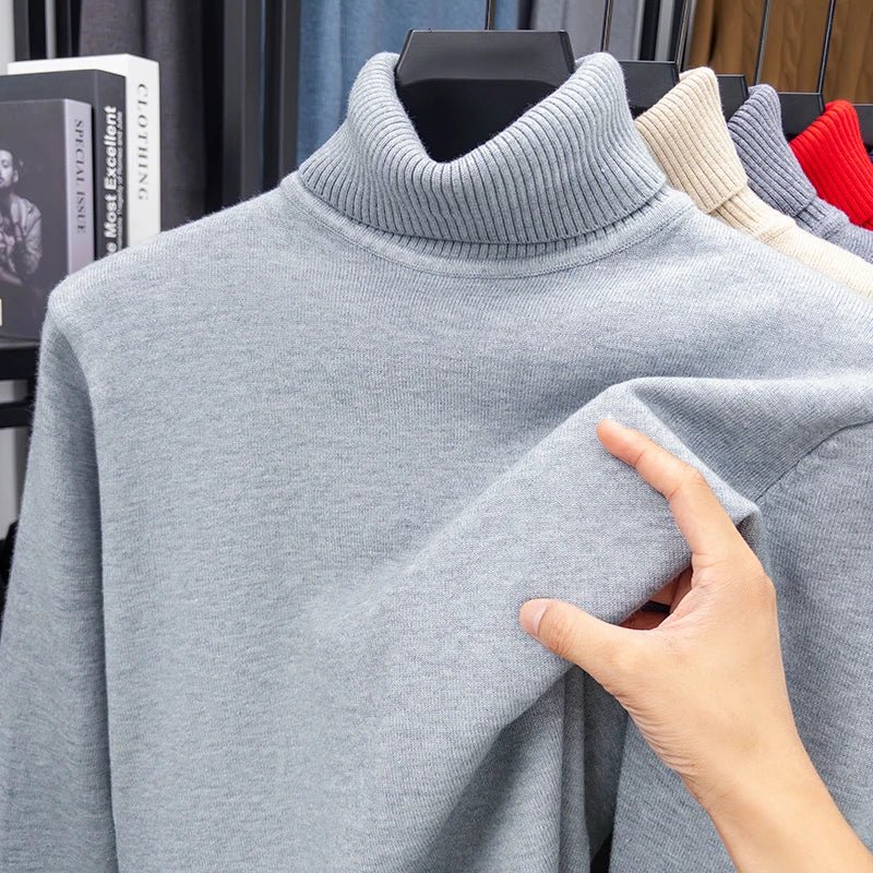 Men's Slim Fit Turtleneck Sweater Long Sleeve Solid Color Knitted Pullover High Quality Trendy Streetwear for Autumn - VibraStore