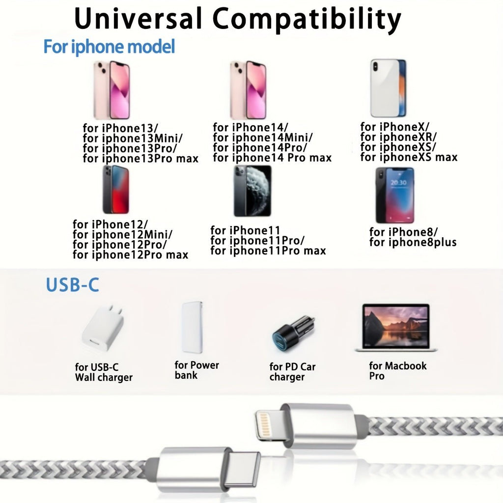 [MFi Certified] USB - C to Lightning Cable - 1/2/3/4pcs - 6 Feet - for iPhone Charger - Nylon Braided - C - Type - Compatible with iPhone 14/13/12/11 Pro Max - and White - VibraStore