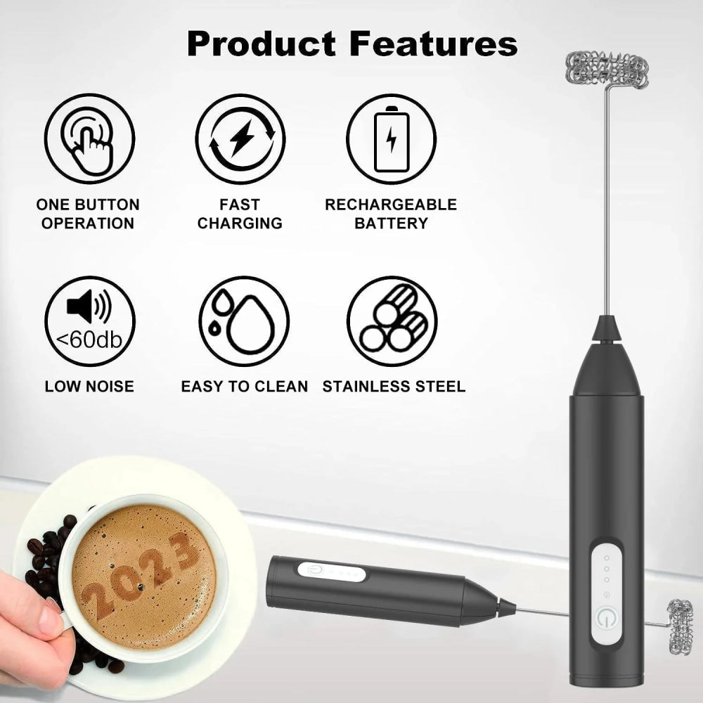 MINI Espumador de leche recargable por USB, máquina de espuma de 3 velocidades, batidor de café, mezclador con mango eléctrico, batidor de huevos - VibraStore