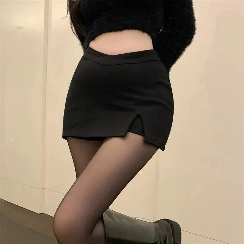 Minifaldas negras con abertura para mujer, falda Sexy de verano para discoteca, falda con abertura de cintura alta, ropa de calle, moda de fiesta coreana, falda acampanada ajustada Irregular - VibraStore