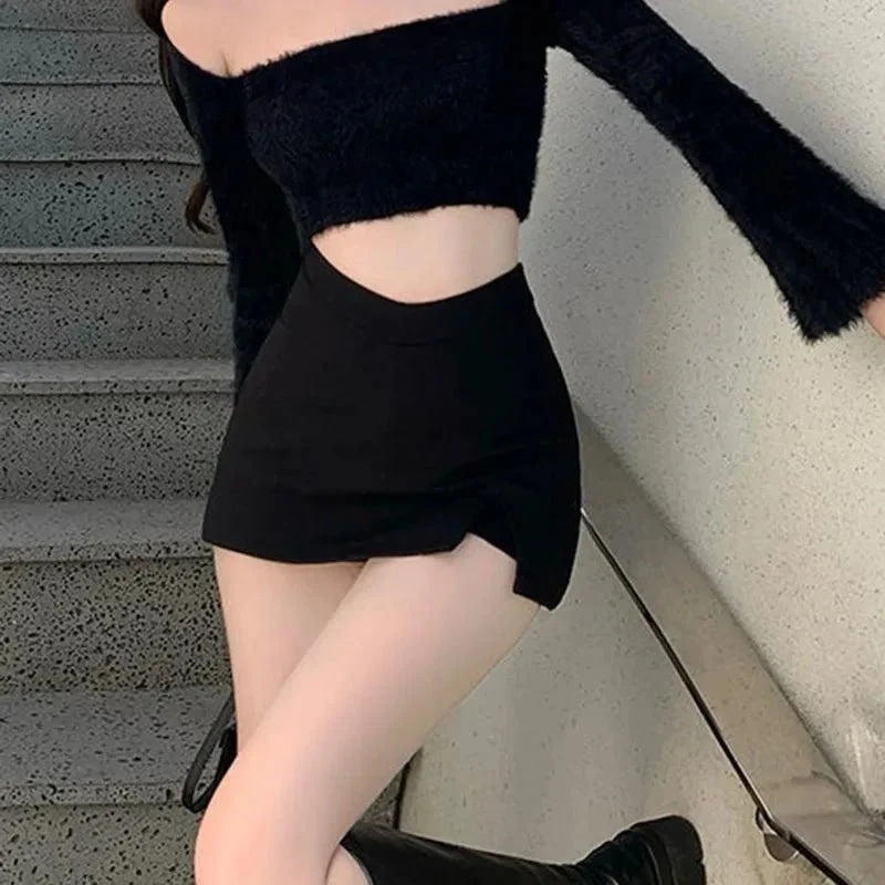 Minifaldas negras con abertura para mujer, falda Sexy de verano para discoteca, falda con abertura de cintura alta, ropa de calle, moda de fiesta coreana, falda acampanada ajustada Irregular - VibraStore