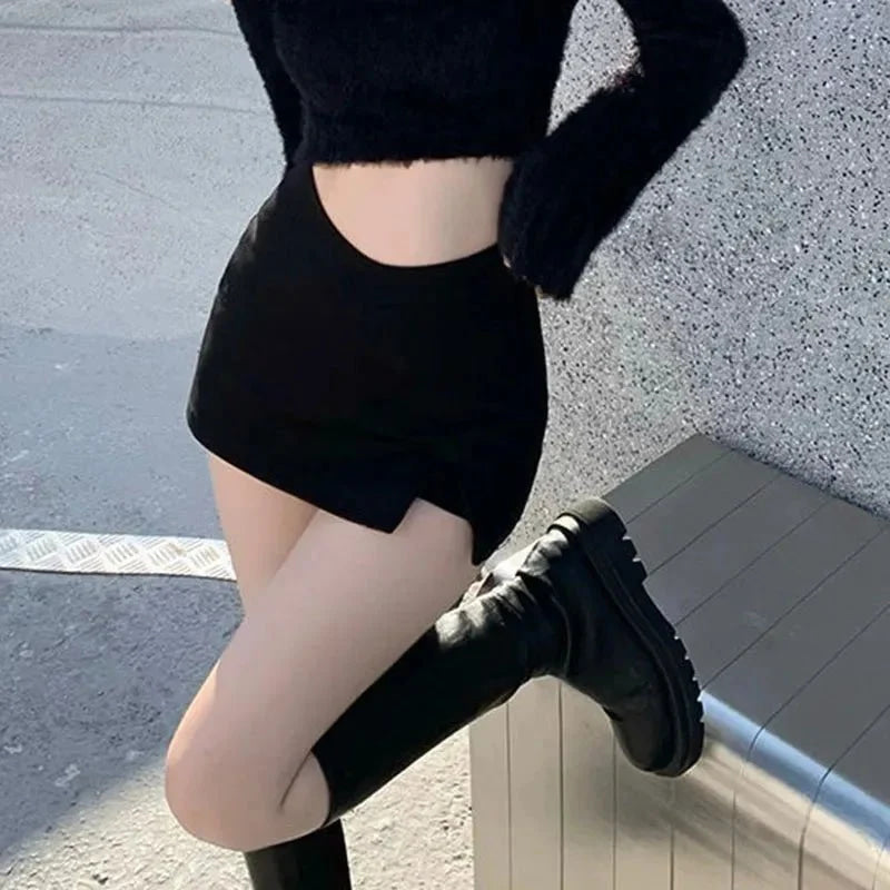 Minifaldas negras con abertura para mujer, falda Sexy de verano para discoteca, falda con abertura de cintura alta, ropa de calle, moda de fiesta coreana, falda acampanada ajustada Irregular - VibraStore