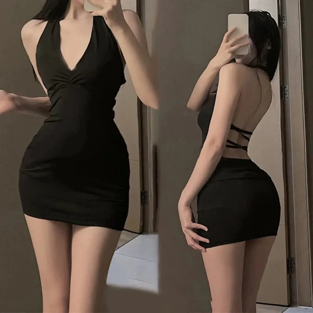 Minivestido Sexy de noche de fiesta negro con cuello en V ajustado sin espalda y cuello Halter para mujer - VibraStore