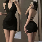Minivestido Sexy de noche de fiesta negro con cuello en V ajustado sin espalda y cuello Halter para mujer - VibraStore