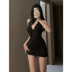 Minivestido Sexy de noche de fiesta negro con cuello en V ajustado sin espalda y cuello Halter para mujer - VibraStore
