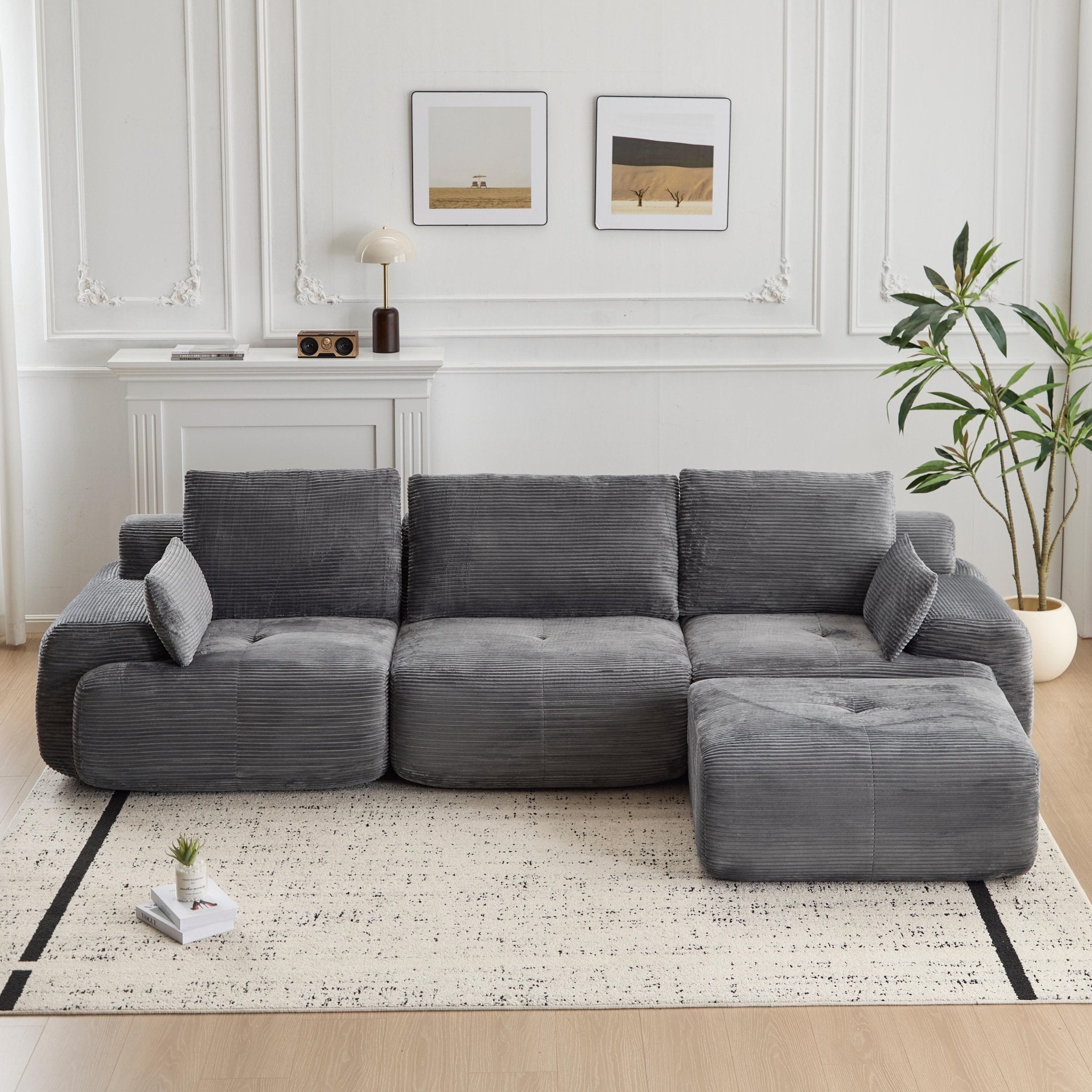 Modern Memory Foam Compressed Sofa,Large Sectional Couches For Living Room,Pet - Friendly Cloud Modular Sectional Sofa,Corduroy Fabric,Extra Deep Loveseat,No Assembly Required,GREY - VibraStore