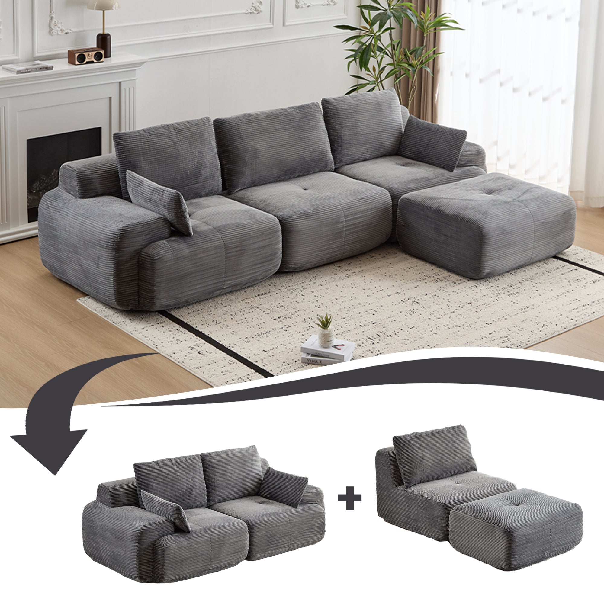 Modern Memory Foam Compressed Sofa,Large Sectional Couches For Living Room,Pet - Friendly Cloud Modular Sectional Sofa,Corduroy Fabric,Extra Deep Loveseat,No Assembly Required,GREY - VibraStore