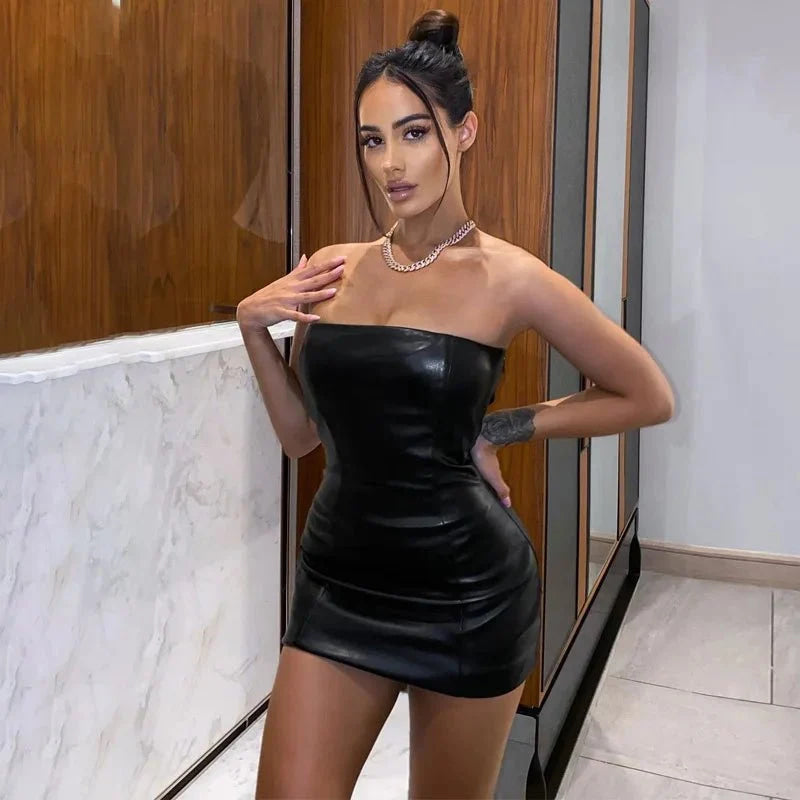Mujer verano Sexy fiesta sin tirantes ceñido al cuerpo Pu cuero ajustado paquete cadera negro Mini vestido veraniego ropa femenina - VibraStore