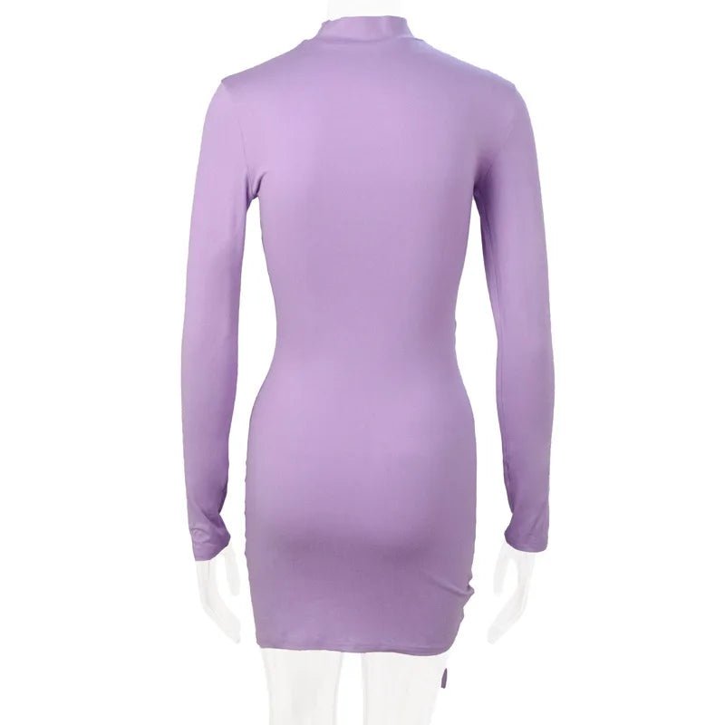 New Dresses 2025 Woman Fashion Summer High - neck Purple Long - sleeved Pleated Tie - up Dress Skirt Women's Clothing - VibraStore