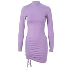 New Dresses 2025 Woman Fashion Summer High - neck Purple Long - sleeved Pleated Tie - up Dress Skirt Women's Clothing - VibraStore