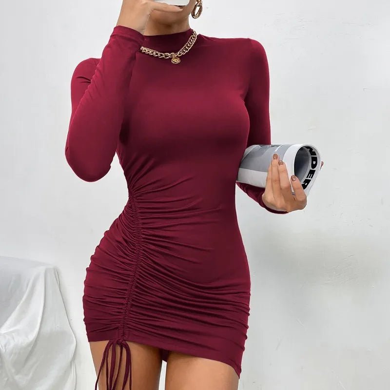 New Dresses 2025 Woman Fashion Summer High - neck Purple Long - sleeved Pleated Tie - up Dress Skirt Women's Clothing - VibraStore