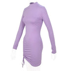 New Dresses 2025 Woman Fashion Summer High - neck Purple Long - sleeved Pleated Tie - up Dress Skirt Women's Clothing - VibraStore