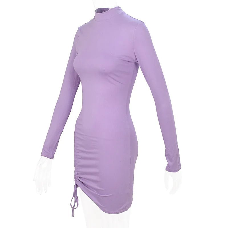 New Dresses 2025 Woman Fashion Summer High - neck Purple Long - sleeved Pleated Tie - up Dress Skirt Women's Clothing - VibraStore