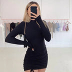 New Dresses 2025 Woman Fashion Summer High - neck Purple Long - sleeved Pleated Tie - up Dress Skirt Women's Clothing - VibraStore
