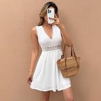 New Elegant And Sophisticated Sleeveless V - neck Lace - patchwork Jacquard Dress - VibraStore