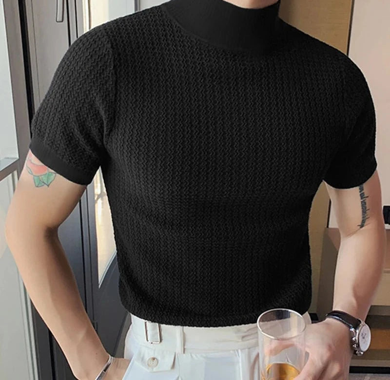 Nueva camiseta ajustada de moda de verano, ropa de calle informal texturizada con cuello alto, camisetas de manga corta de Color sólido, camisetas de estilo coreano - VibraStore