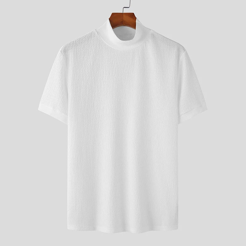 Nueva camiseta ajustada de moda de verano, ropa de calle informal texturizada con cuello alto, camisetas de manga corta de Color sólido, camisetas de estilo coreano - VibraStore