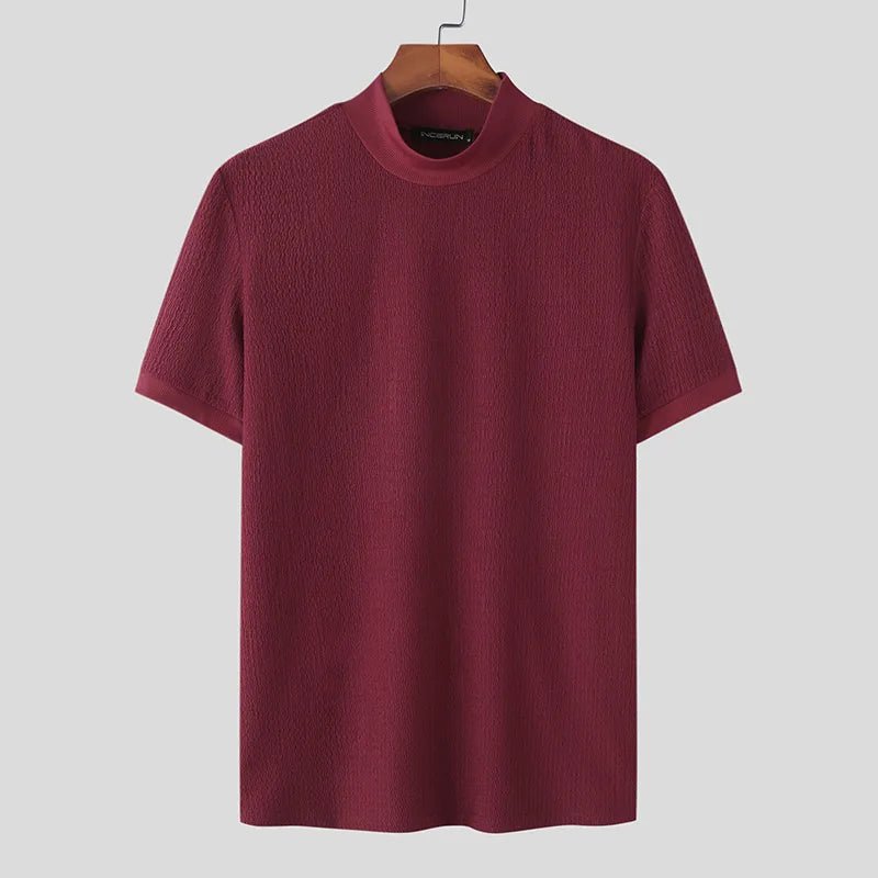 Nueva camiseta ajustada de moda de verano, ropa de calle informal texturizada con cuello alto, camisetas de manga corta de Color sólido, camisetas de estilo coreano - VibraStore