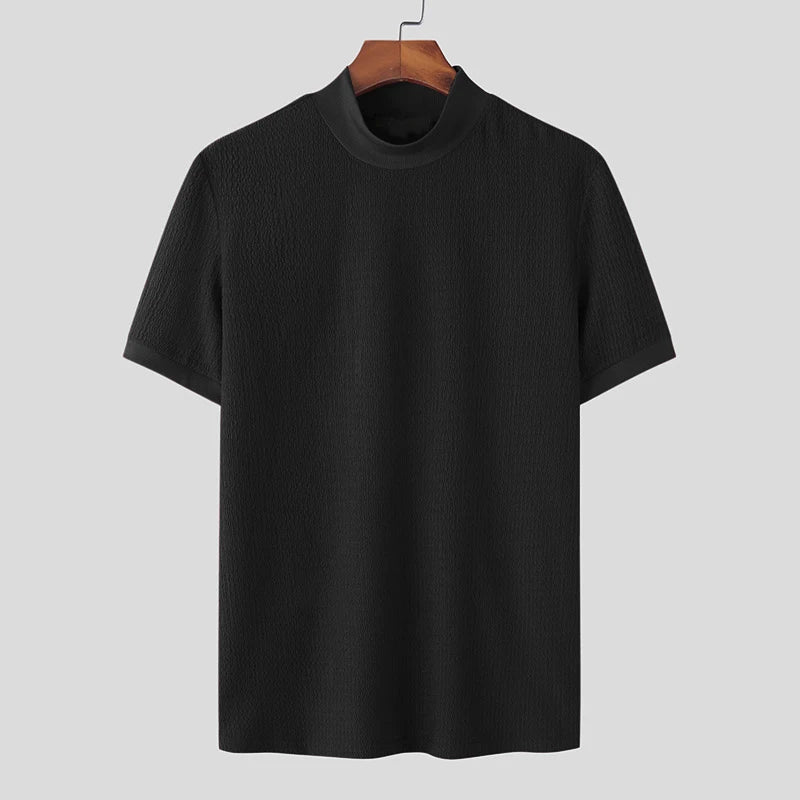 Nueva camiseta ajustada de moda de verano, ropa de calle informal texturizada con cuello alto, camisetas de manga corta de Color sólido, camisetas de estilo coreano - VibraStore