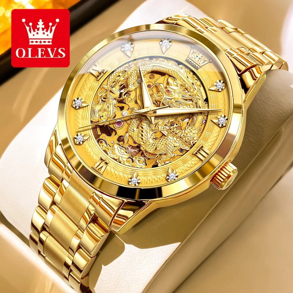 OLEVS Japan Automatic Mechanical Men's Watches High - end Luxury Brand Original Stainless Steel Hollowed Dragon Watch for Men 7027 - VibraStore