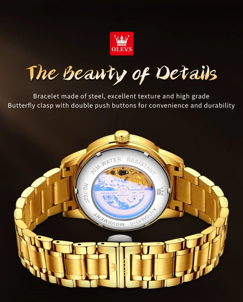 OLEVS Japan Automatic Mechanical Men's Watches High - end Luxury Brand Original Stainless Steel Hollowed Dragon Watch for Men 7027 - VibraStore