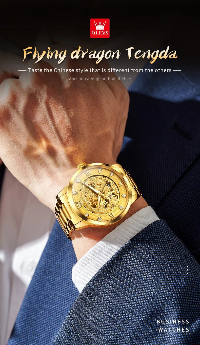 OLEVS Japan Automatic Mechanical Men's Watches High - end Luxury Brand Original Stainless Steel Hollowed Dragon Watch for Men 7027 - VibraStore