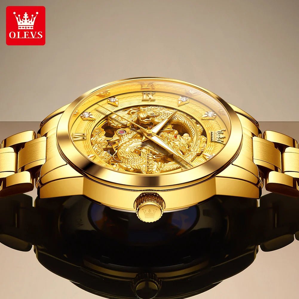 OLEVS Japan Automatic Mechanical Men's Watches High - end Luxury Brand Original Stainless Steel Hollowed Dragon Watch for Men 7027 - VibraStore