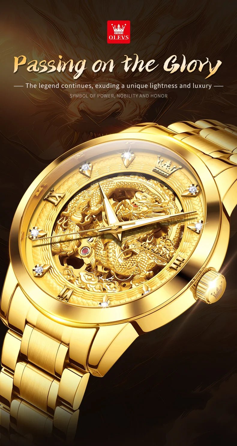 OLEVS Japan Automatic Mechanical Men's Watches High - end Luxury Brand Original Stainless Steel Hollowed Dragon Watch for Men 7027 - VibraStore