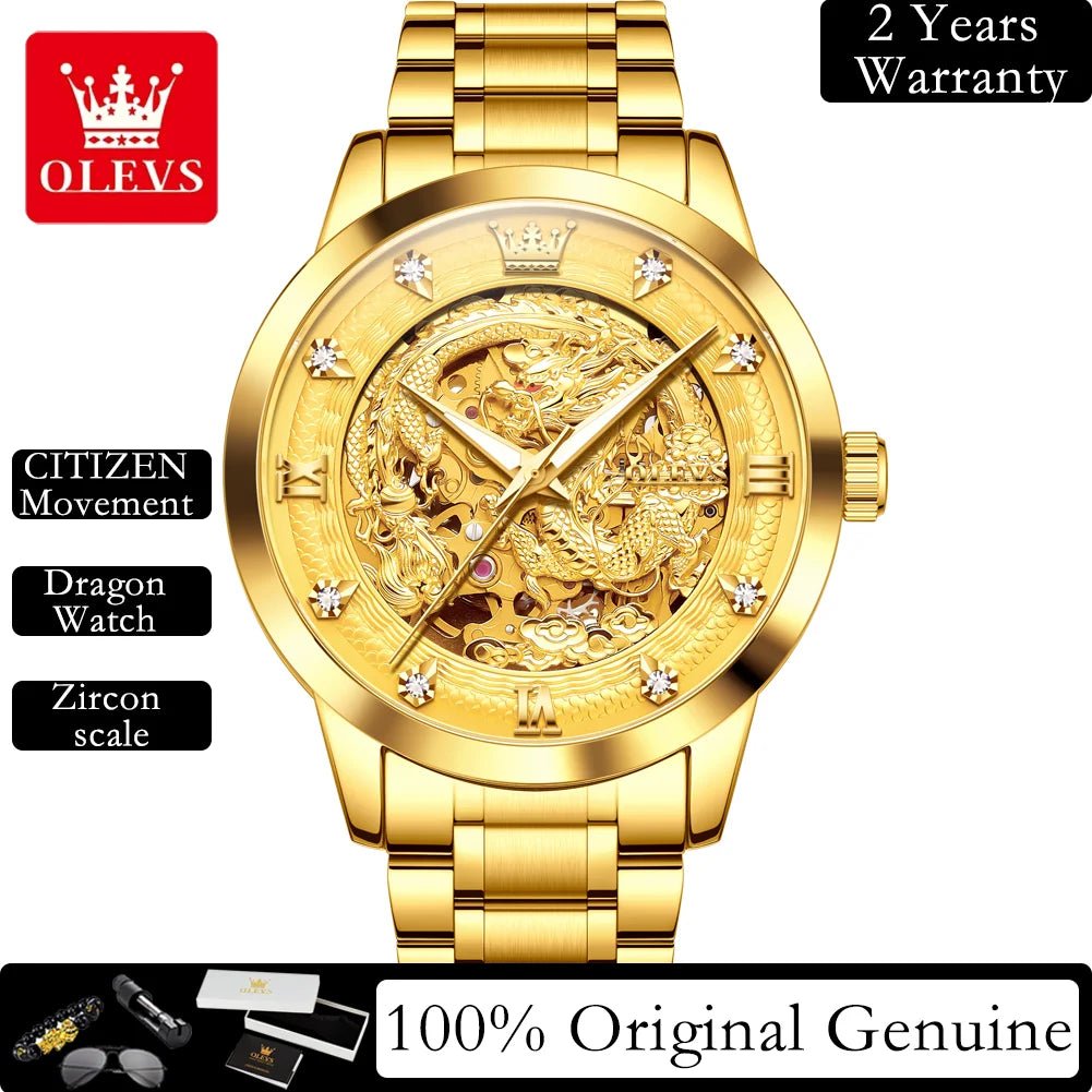 OLEVS Japan Automatic Mechanical Men's Watches High - end Luxury Brand Original Stainless Steel Hollowed Dragon Watch for Men 7027 - VibraStore