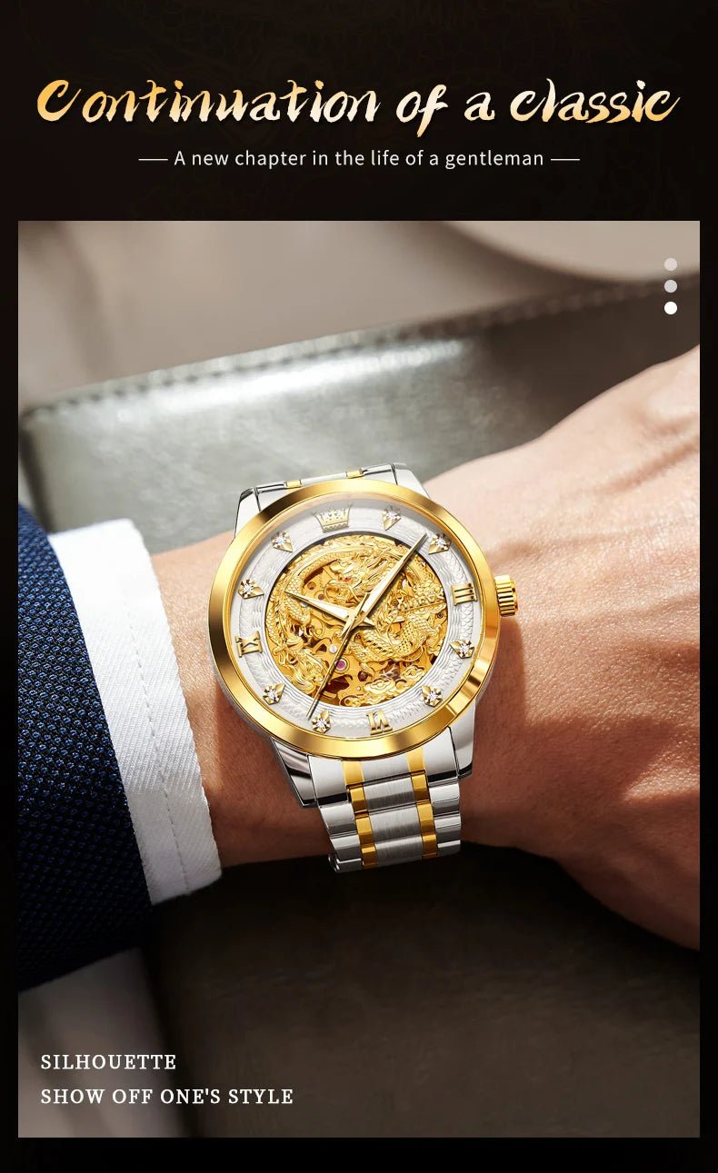 OLEVS Japan Automatic Mechanical Men's Watches High - end Luxury Brand Original Stainless Steel Hollowed Dragon Watch for Men 7027 - VibraStore