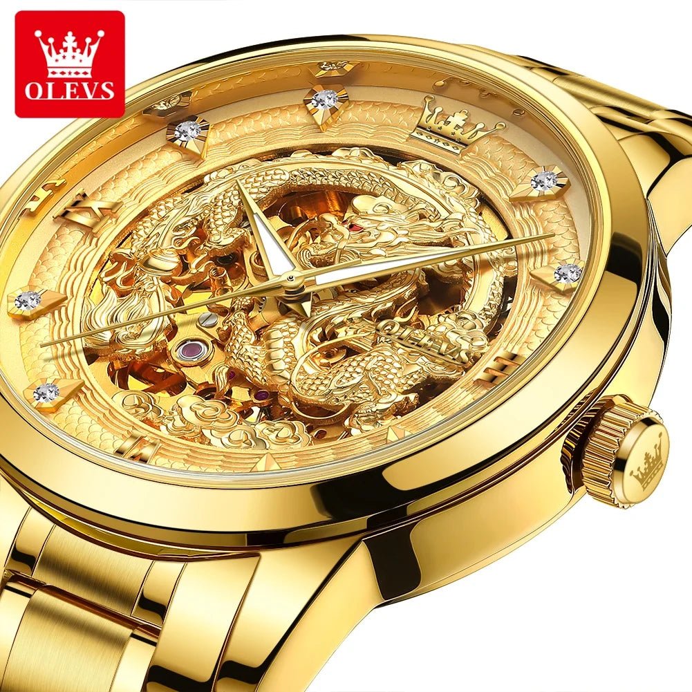 OLEVS Japan Automatic Mechanical Men's Watches High - end Luxury Brand Original Stainless Steel Hollowed Dragon Watch for Men 7027 - VibraStore