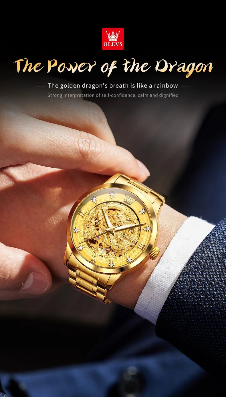 OLEVS Japan Automatic Mechanical Men's Watches High - end Luxury Brand Original Stainless Steel Hollowed Dragon Watch for Men 7027 - VibraStore