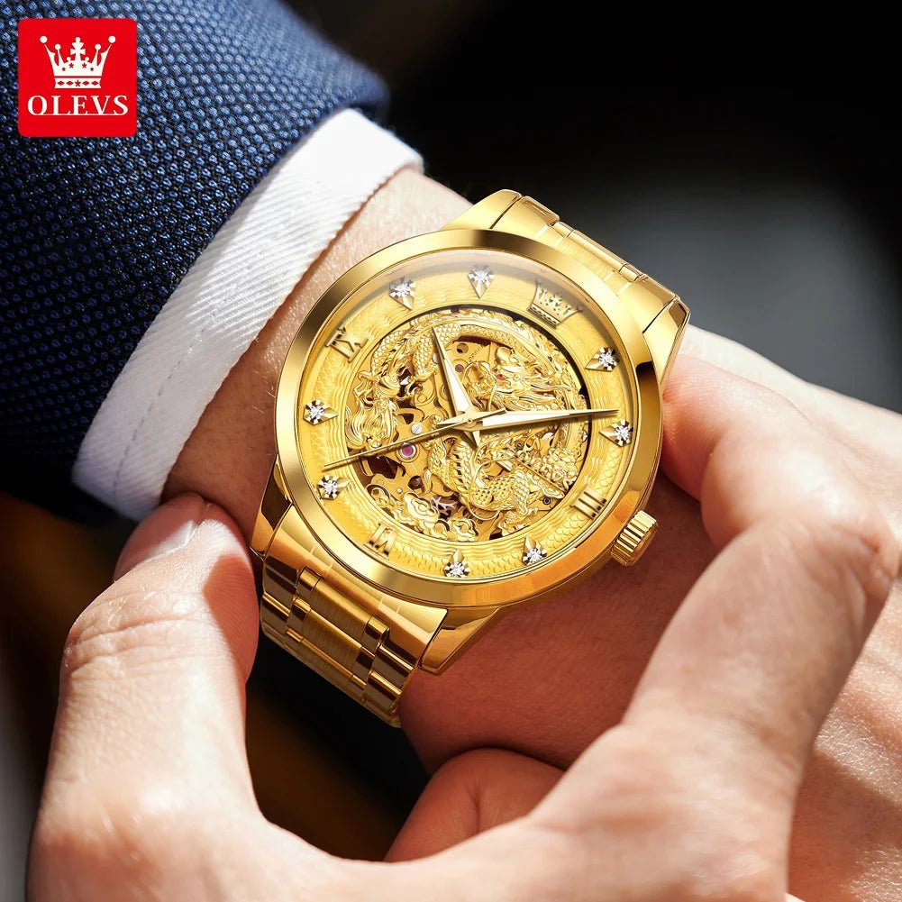 OLEVS Japan Automatic Mechanical Men's Watches High - end Luxury Brand Original Stainless Steel Hollowed Dragon Watch for Men 7027 - VibraStore
