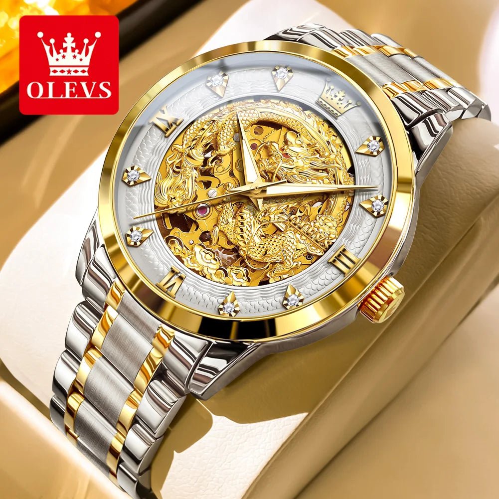 OLEVS Japan Automatic Mechanical Men's Watches High - end Luxury Brand Original Stainless Steel Hollowed Dragon Watch for Men 7027 - VibraStore