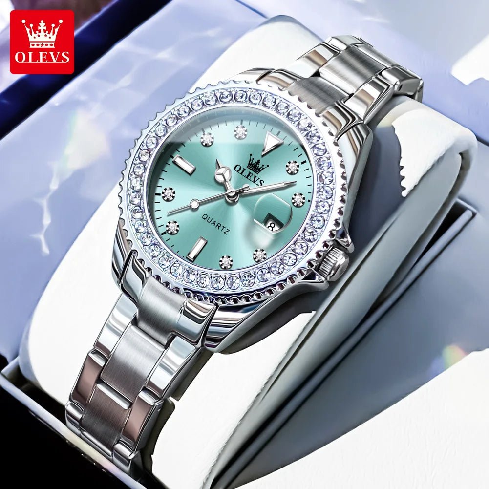OLEVS Luxury Brand Quartz Watch for Women Steel Strap Waterproof Date Luminous Ladies Wristwatch Diamond Bezel Woman Watch 9945 - VibraStore
