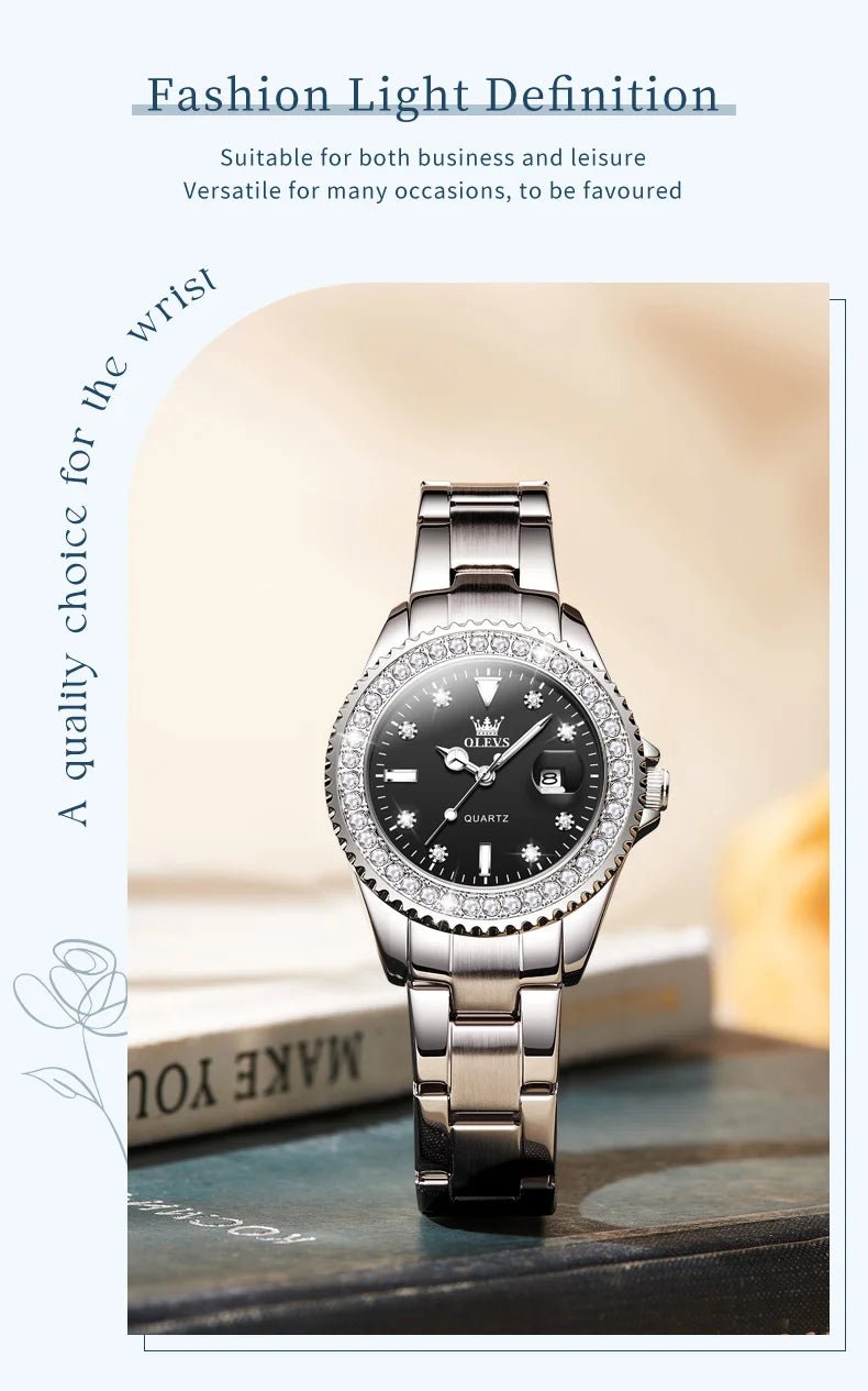 OLEVS Luxury Brand Quartz Watch for Women Steel Strap Waterproof Date Luminous Ladies Wristwatch Diamond Bezel Woman Watch 9945 - VibraStore
